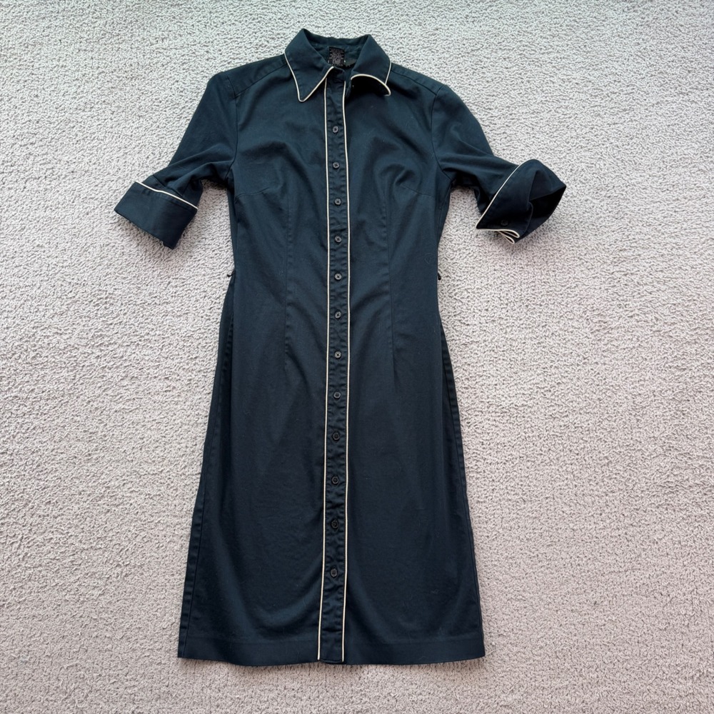 Express Stretch Black Button Front Midi Dress Contrast Piping Y2K Size 1/2